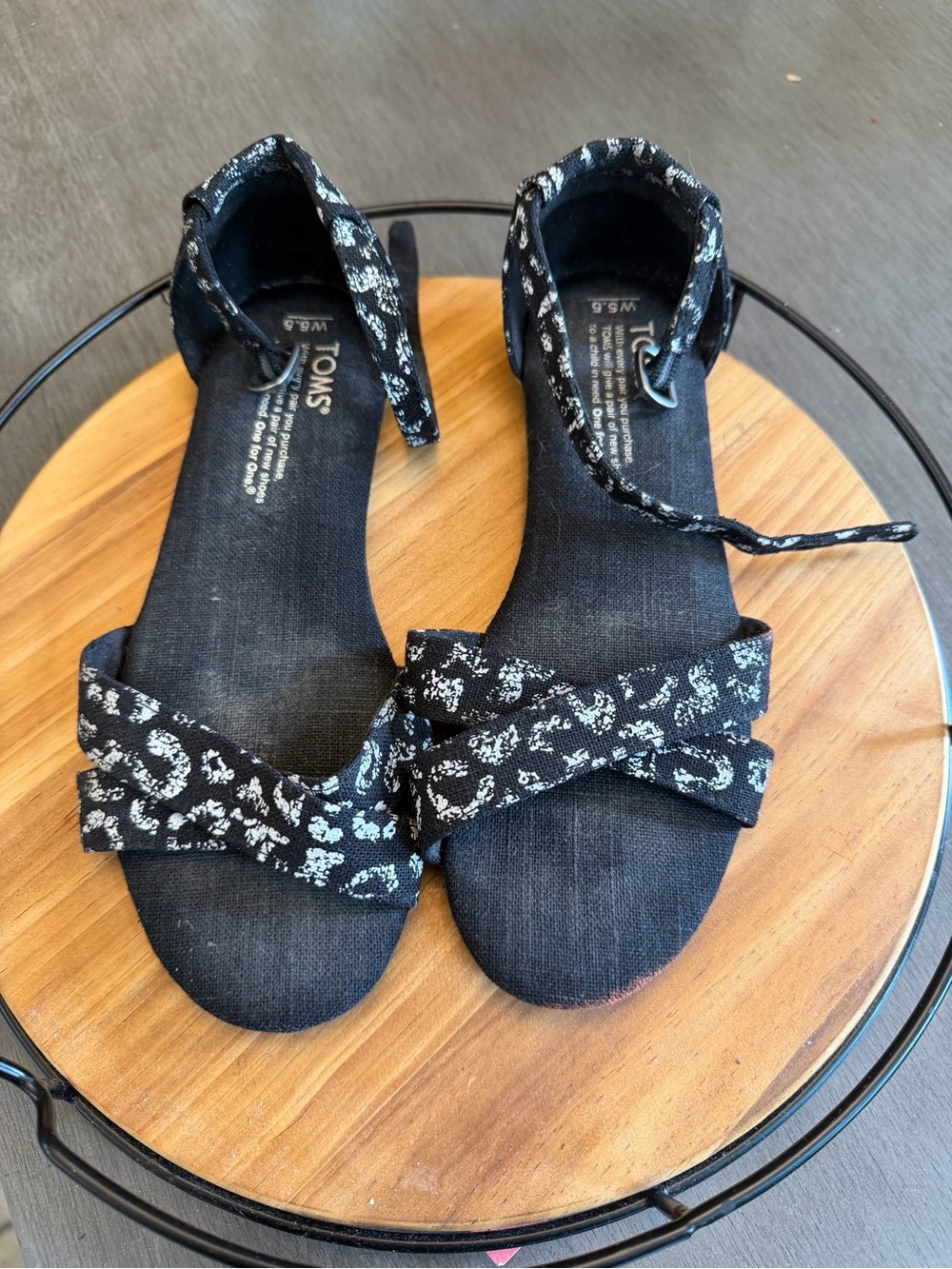 TOMS Black Sandals with White Floral Print Ankle Tie